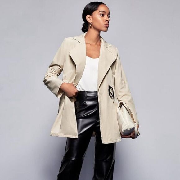 Lapel collar roll tab drawstring waist trench coat with pockets size large - Picture 1 of 11